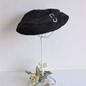 Vintage 1940s Hat, Black Plate Hat with Faux Pearls, Millinery